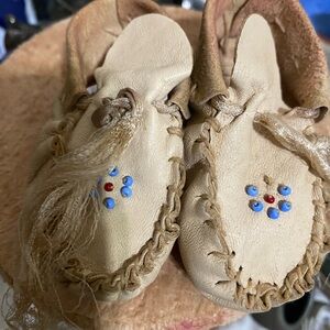 Handcrafted Tan Leather Moccasins with Beadwork